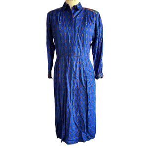 Vintage Dress Womens Size 8P Blue Paisley Collar Long Sleeve Retro Abstract